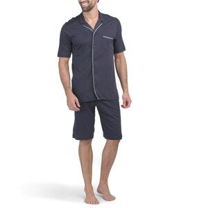 HANRO Black Iris Cotton Night And Day Button Front Top And Shorts Pajama Set